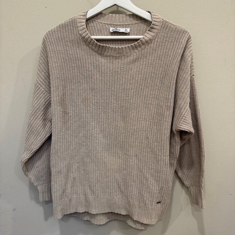 Hollister Ribbed Crewneck Sweater – Taupe Knit Pullover – XS